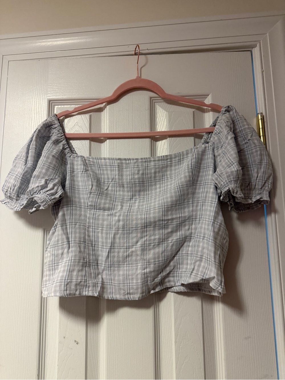 Abercrombie & Fitch Blue Plaid Off-Shoulder Crop Top